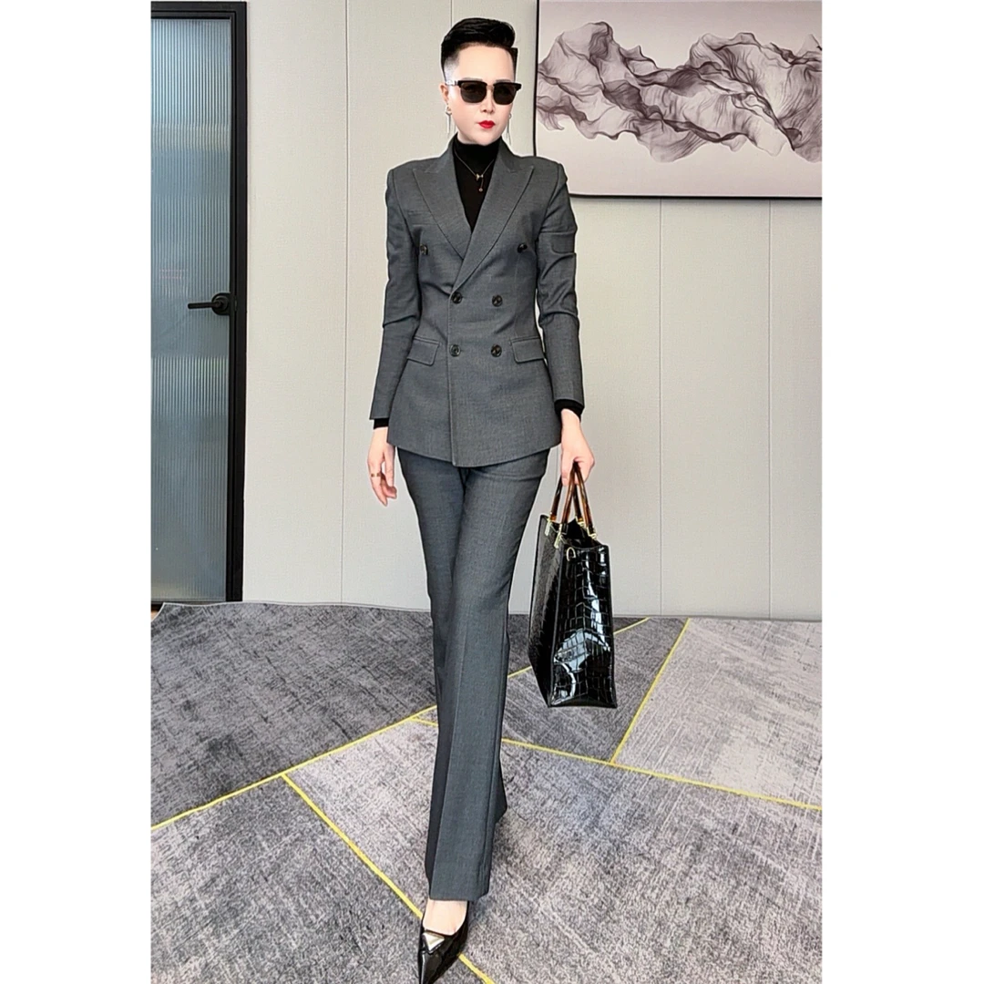 【白衣哥】高级深灰色厚款双排扣套装喇叭裤气质修身款