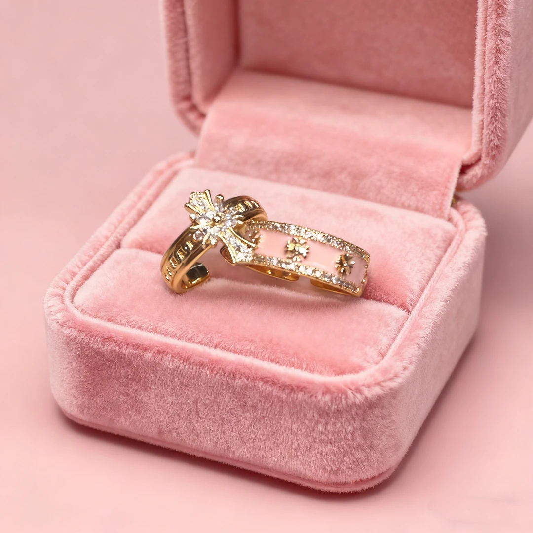 纯铜合成锆石戒指 金色欧美风女甜美风白色浅金通用活口轻奢