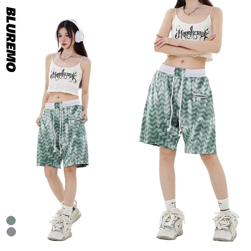 BLUREMO/模糊情绪夏季新品街头休闲波纹格百搭男女抽绳运动五分裤