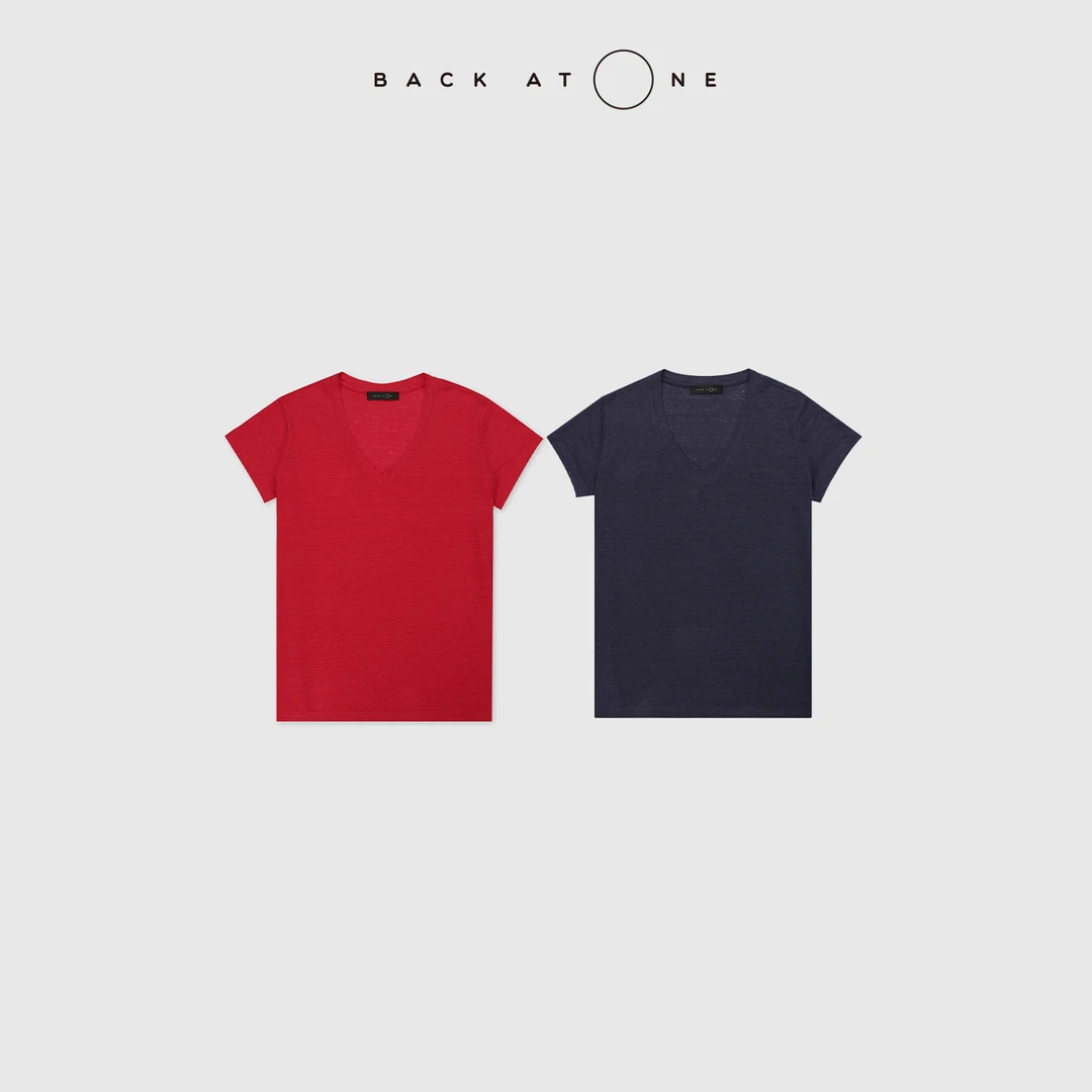 BACKATONE“简汐”  简约时尚百搭 亚麻 V领短袖T BFF-1BA450K-K
