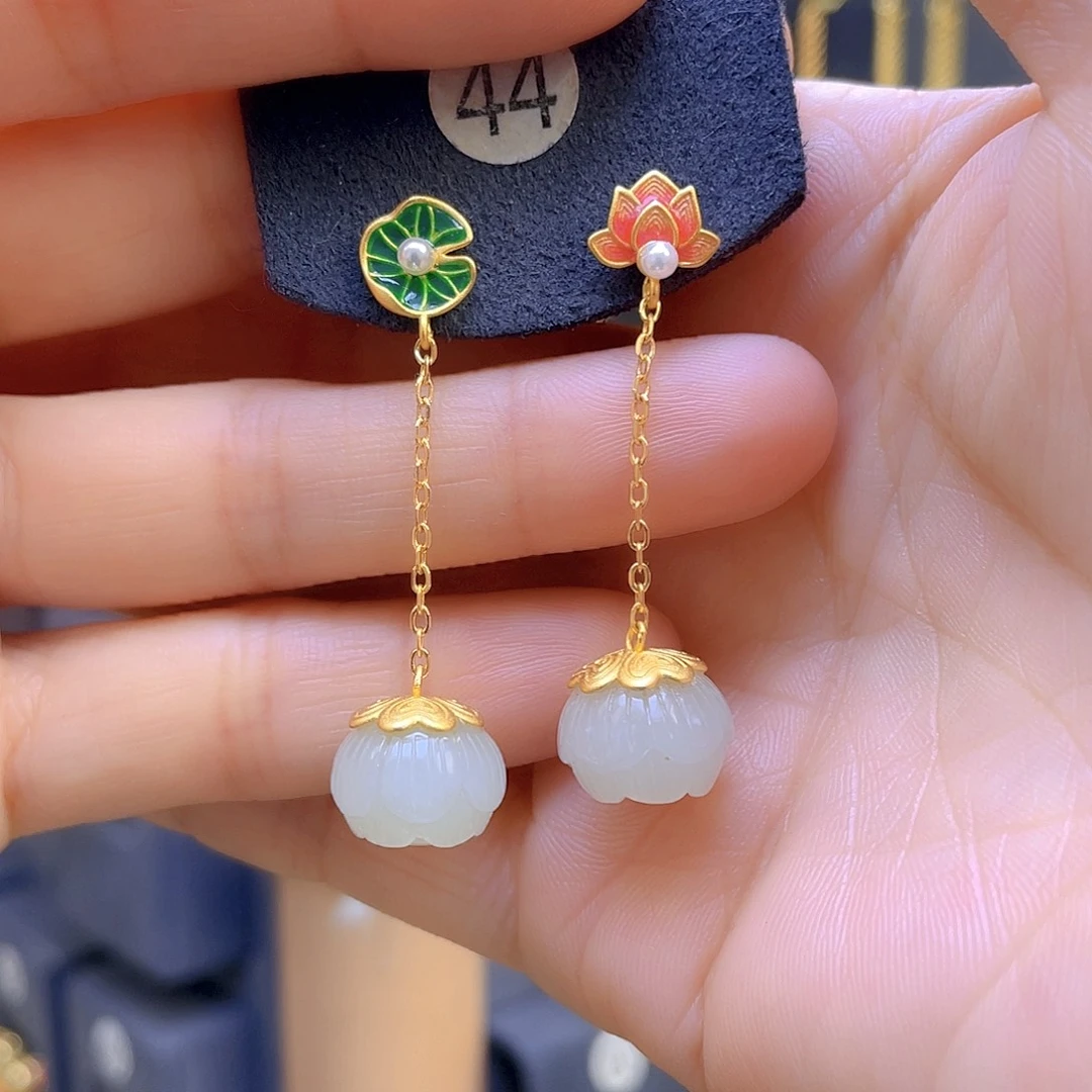 和田玉耳饰银S925镀金镶嵌