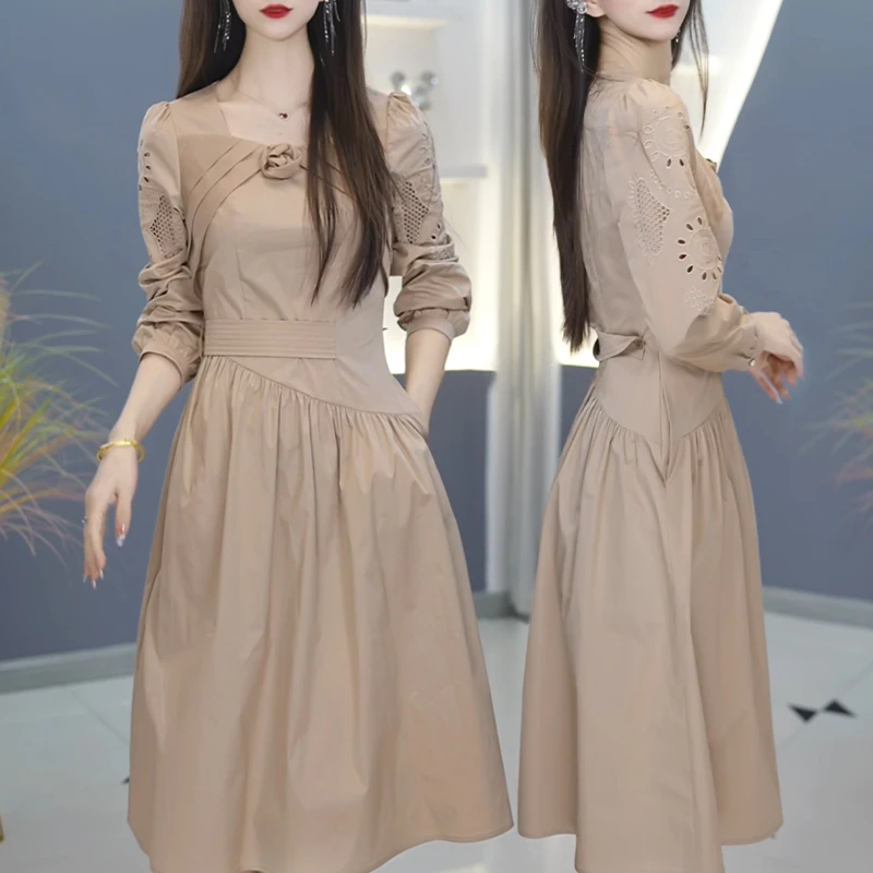 【宠粉定制】B81卡其色连衣裙优雅减龄收腰显瘦春季设计感连衣裙