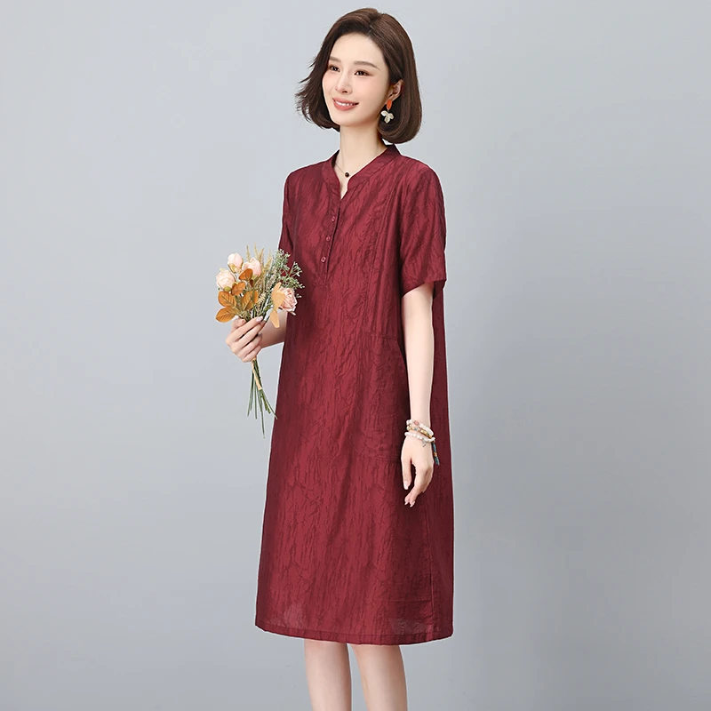 高端短袖莱赛尔连衣裙女夏季2025新款妈妈宽松休闲V领天丝中长裙