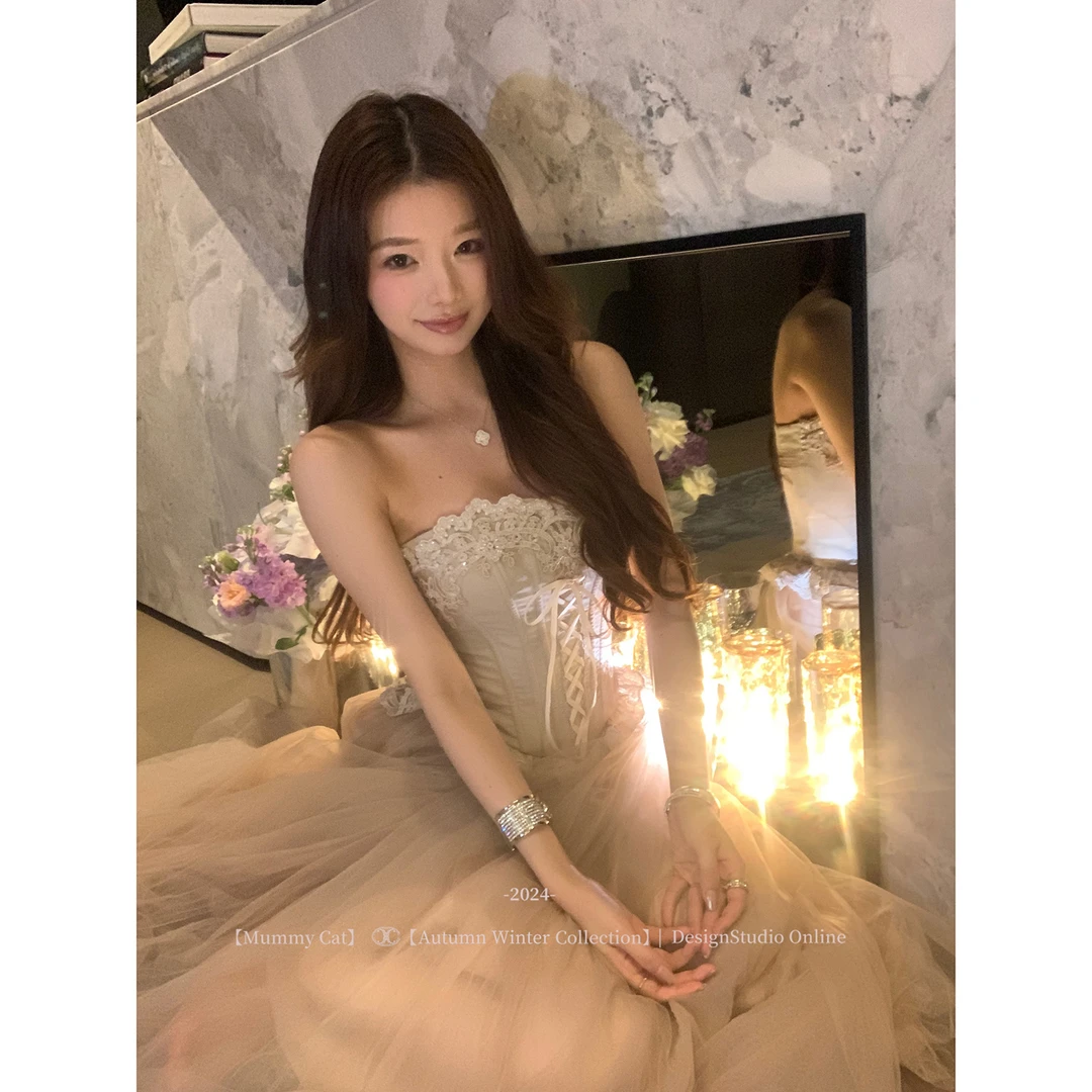 【美娇粉丝专属】下蛋喵【芭蕾音乐盒】重工珠片蕾丝鱼骨抹胸绑带胸衣