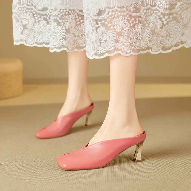 夏季半拖鞋细跟高跟包头拖鞋女杏色焦糖色粉色全皮真皮凉拖鞋RJBM