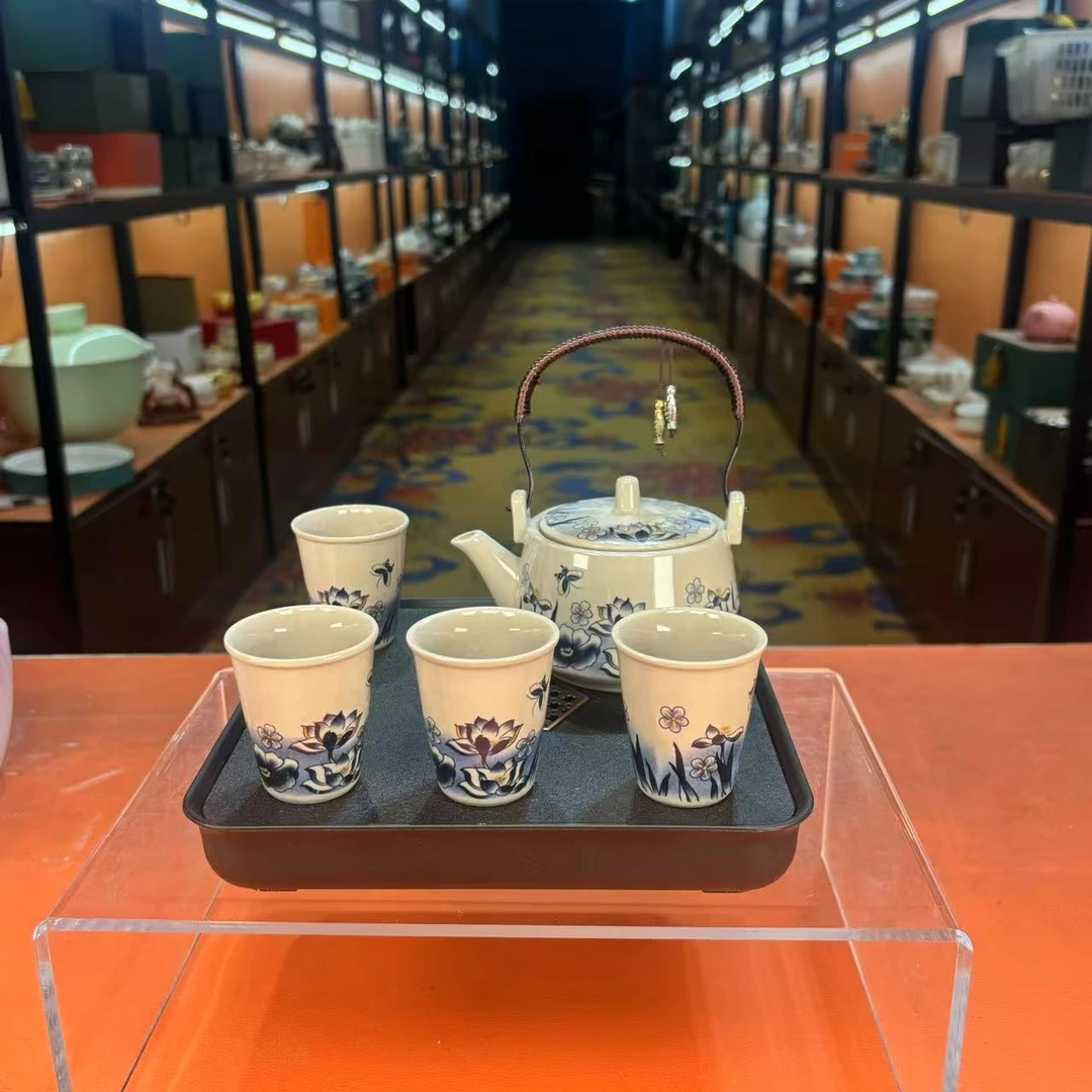 秋香茶具  麦芽黄蝶恋花双鱼提梁一壶四杯小套装（无礼盒）-2290