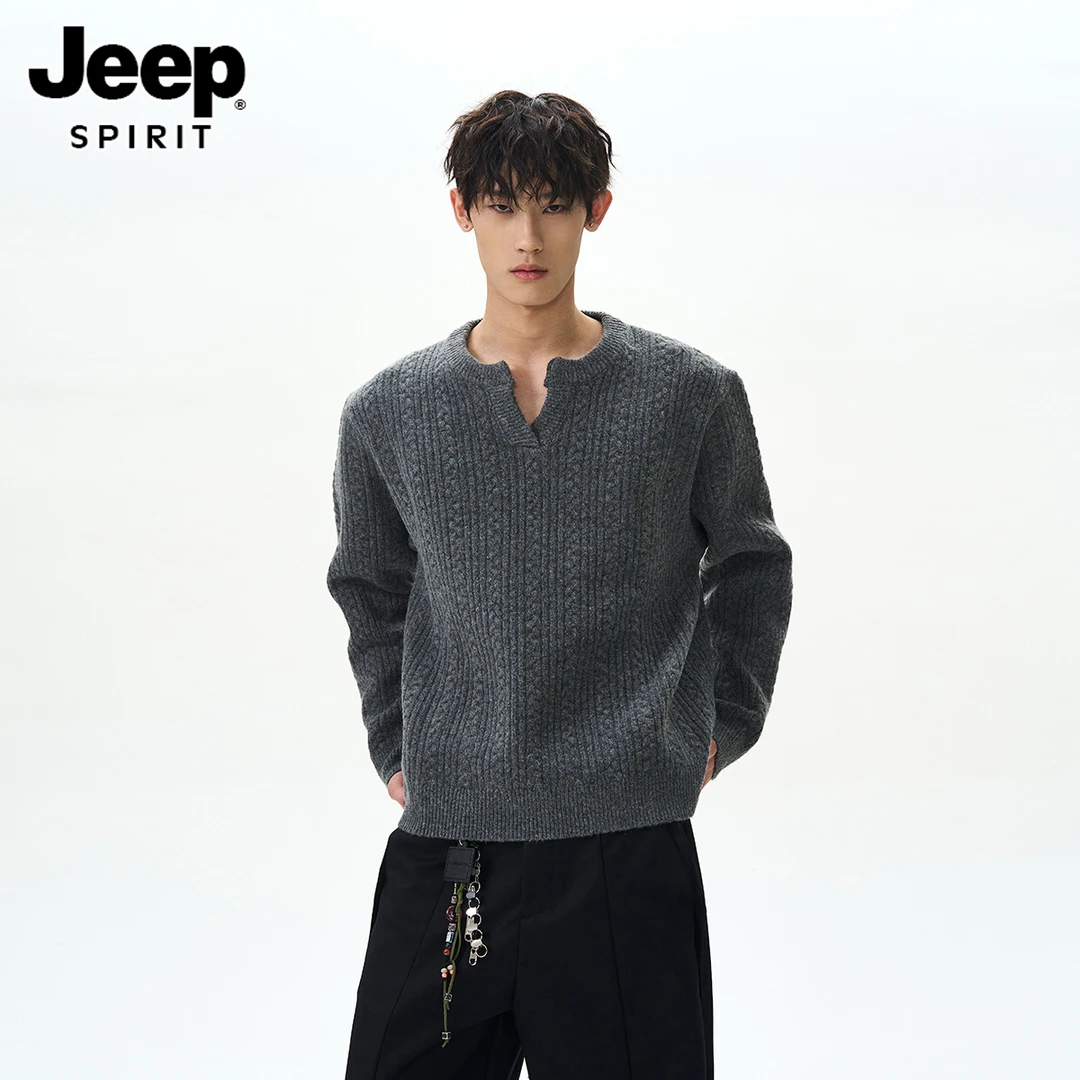 JEEPSPIRIT麻花纹保暖毛衣男款冬季男加男男款假领子毛衣