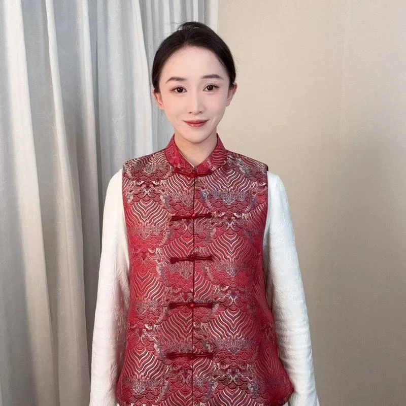 【江崖海水纹-红-棉】2024新款秋冬加厚新中式国风织金宋锦马甲Q