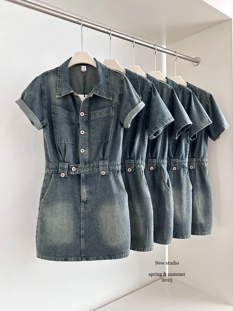 夏季新款韩版气质港风时尚复古收腰时尚显瘦牛仔连衣裙女2