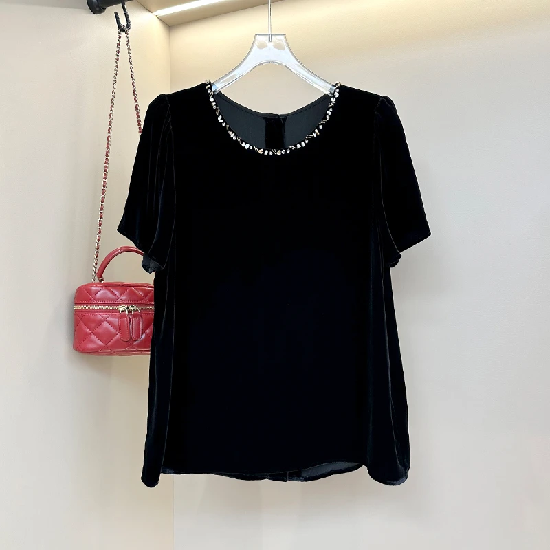 100桑蚕丝真丝丝绒手工钉珠衬衫夏季极简风法式气质遮肉显瘦宽松