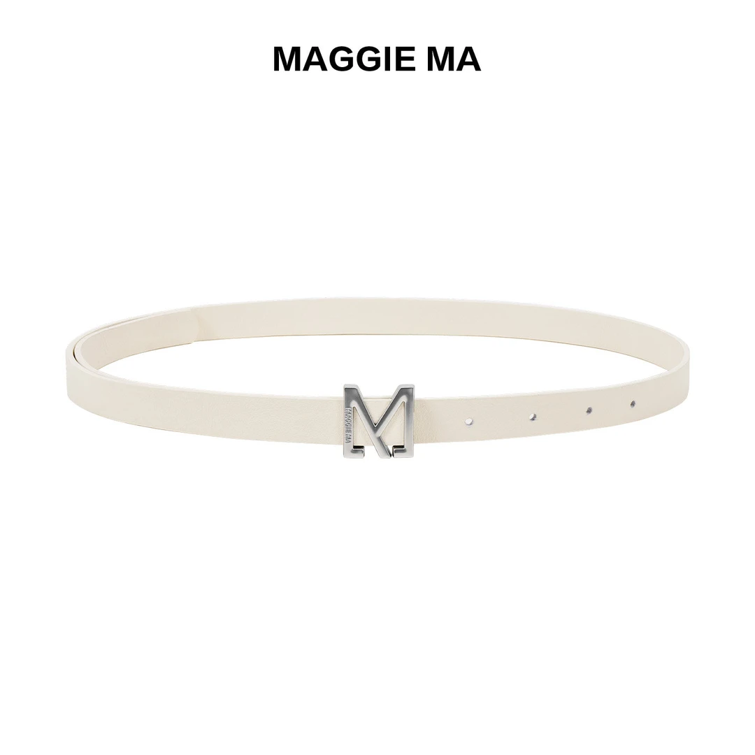 MAGGIE MA马婧白色简约时尚品牌logoM扣牛皮腰带058ACC