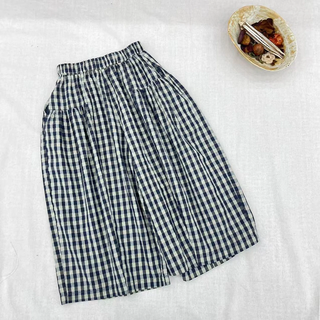 〖姐姐家〗2025夏款韩系蓝格子休闲阔腿裤bt5852