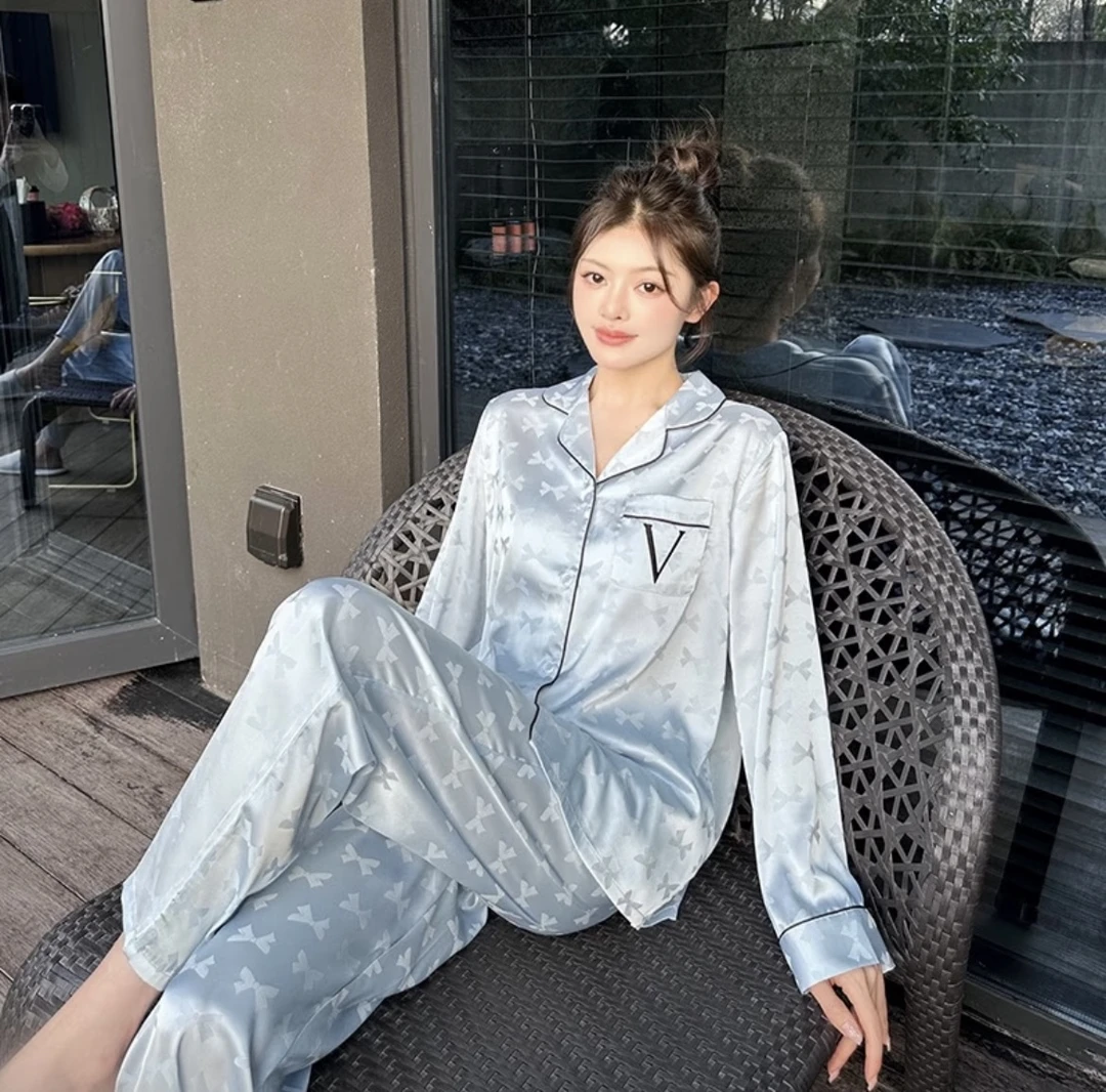 维家同款月光绸缎蝴蝶结提花开衫家居服套装1438#(N)