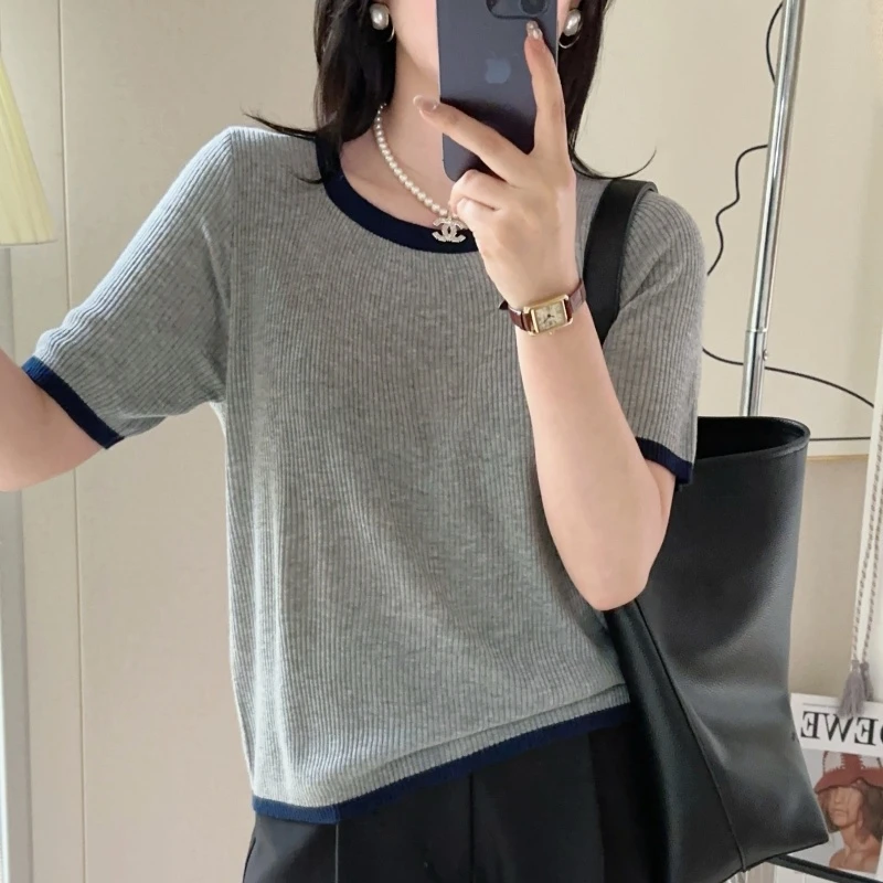 夏季针织衫短袖女款爆款2025新款洋气新款品质女装U领上衣外搭