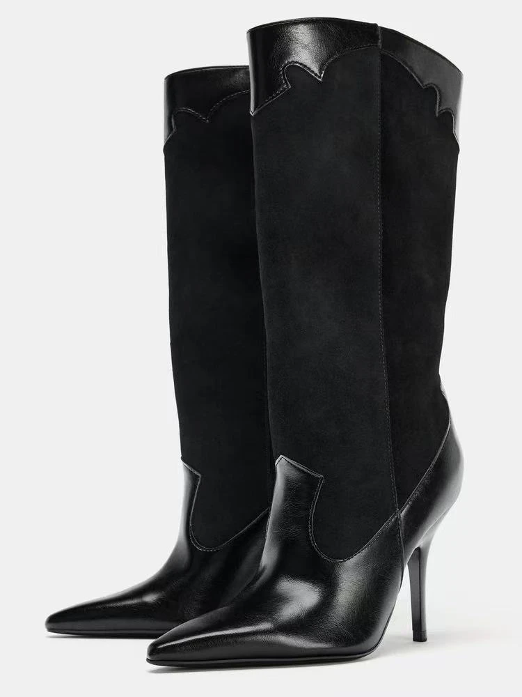 时装靴黑色高跟靴子长靴高跟女靴高筒靴女士黑色长筒
