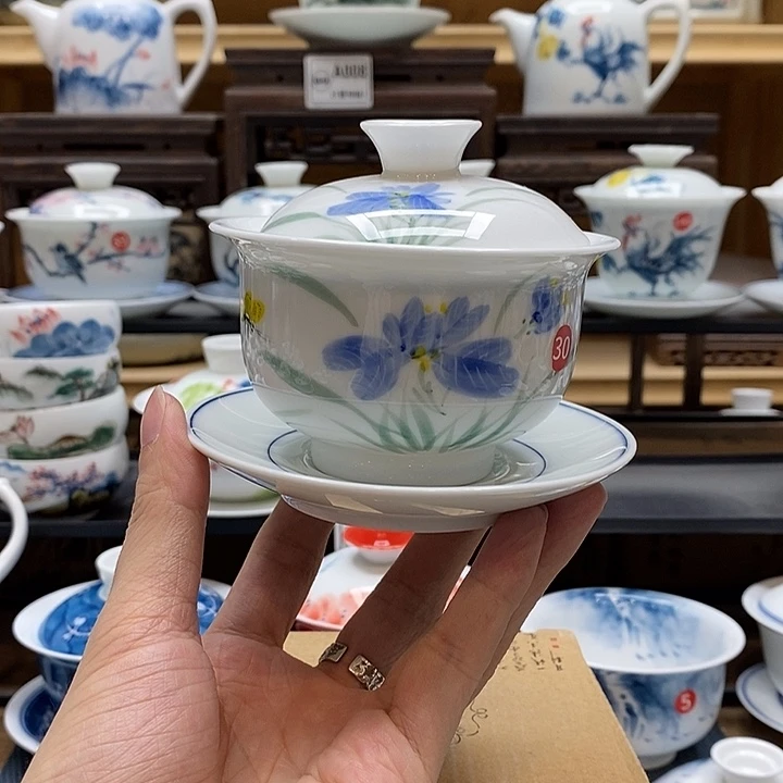 手绘蝴蝶兰悬停盖碗160cc釉下彩微瑕福利款