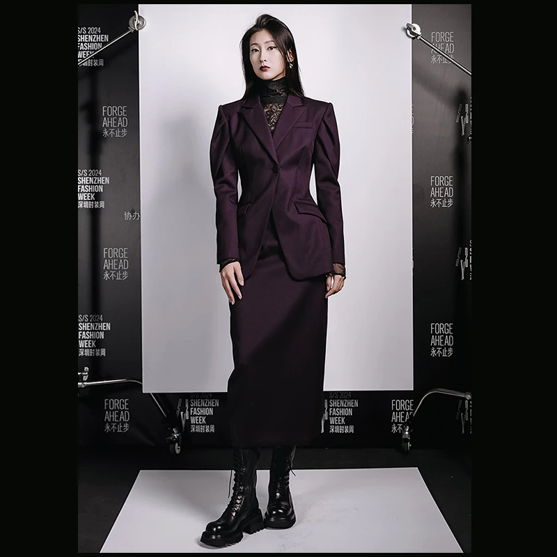 MAGGIE  MA设计师款贵族紫层叠袖复古修身通勤西装928C