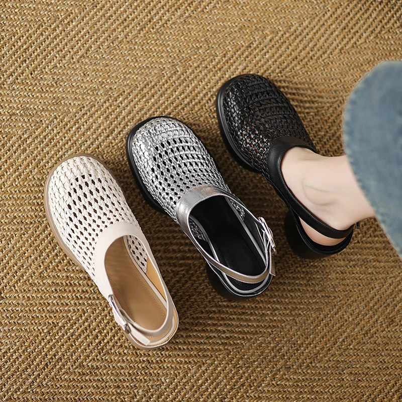 羊皮/8cm/休闲百搭夏季真皮软底镂空妈妈鞋高跟透气粗跟舒适时尚