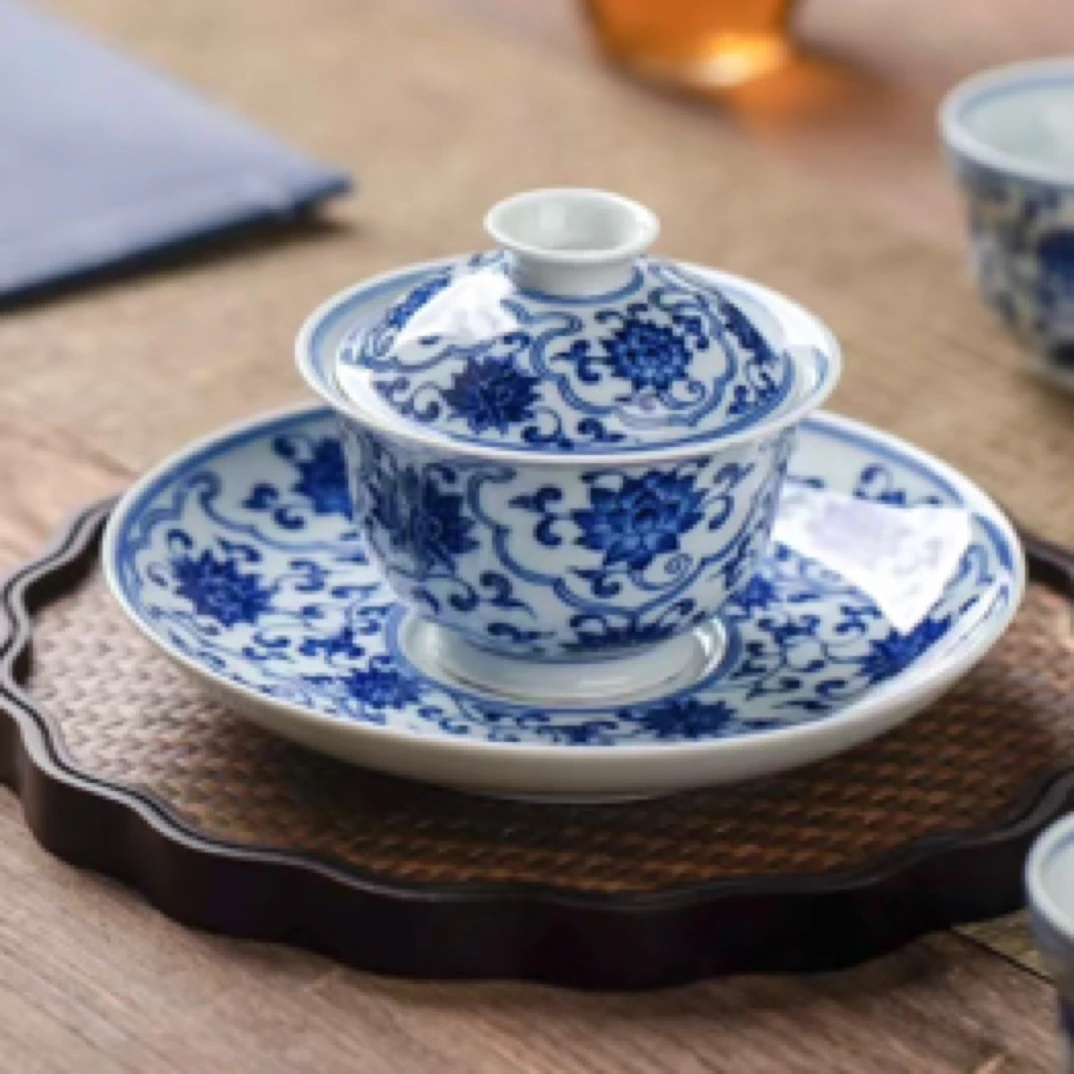 熙工坊 陶瓷手绘盖碗+壶承 釉下青花窗花缠枝莲 景德镇高温瓷