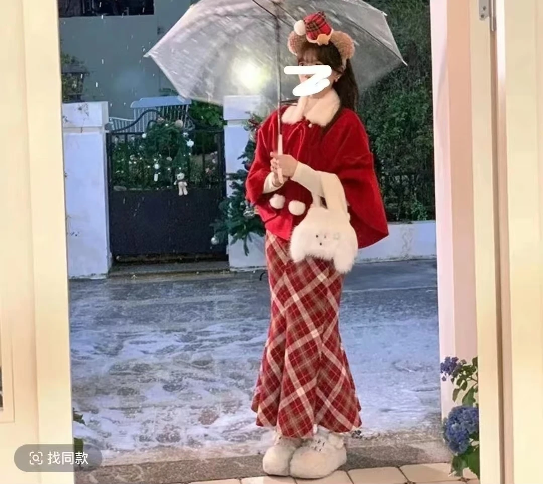 【安可】大码秋冬季洋气千金风斗篷披肩外套女秋冬显瘦格纹半身裙