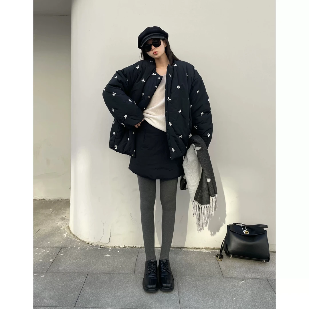 蝴蝶结刺绣保暖棉服外套两面穿蝴蝶结棉衣+棉短裙女