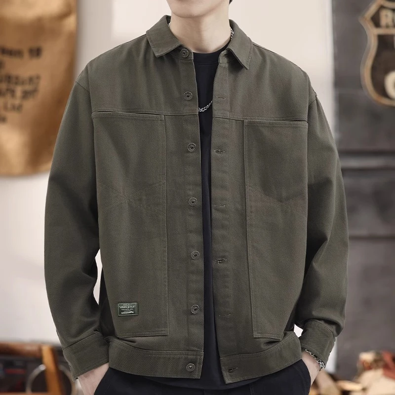 春秋美式复古上衣纯棉工装夹克男士宽松大码春季休闲翻领衬衫外套