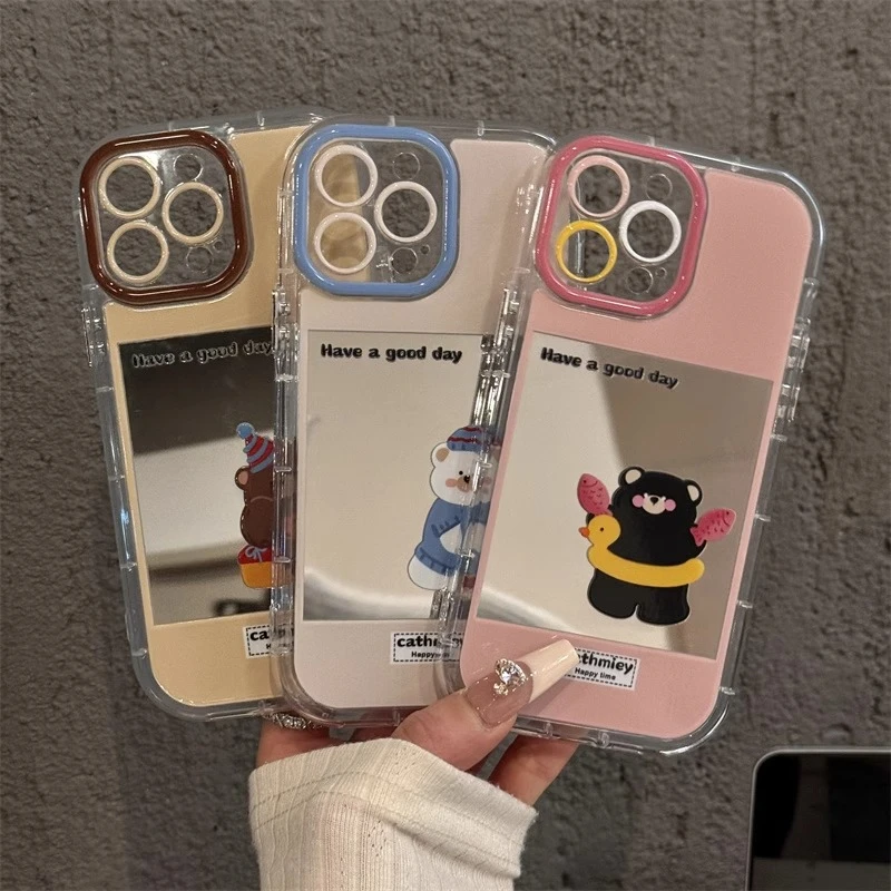 趣味游泳圈小熊适用苹果16镜面手机壳华为vivo小米15oppo新款防摔