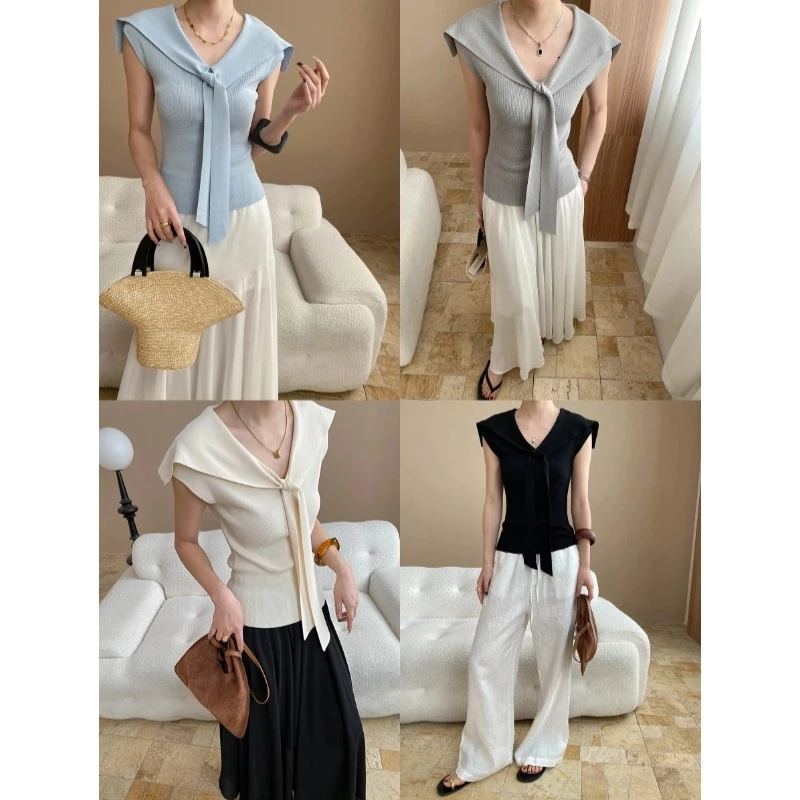 司南时髦加分项曲珠冰丝设计感假两件海军领针织衫短袖上衣薄款