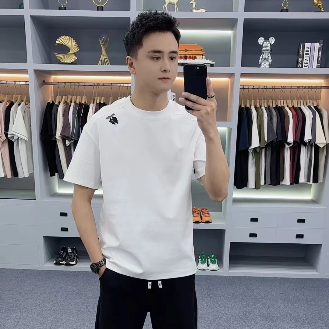 2025夏季新款休闲冰爽短袖T恤男士简约字母刺绣打底体恤潮77045