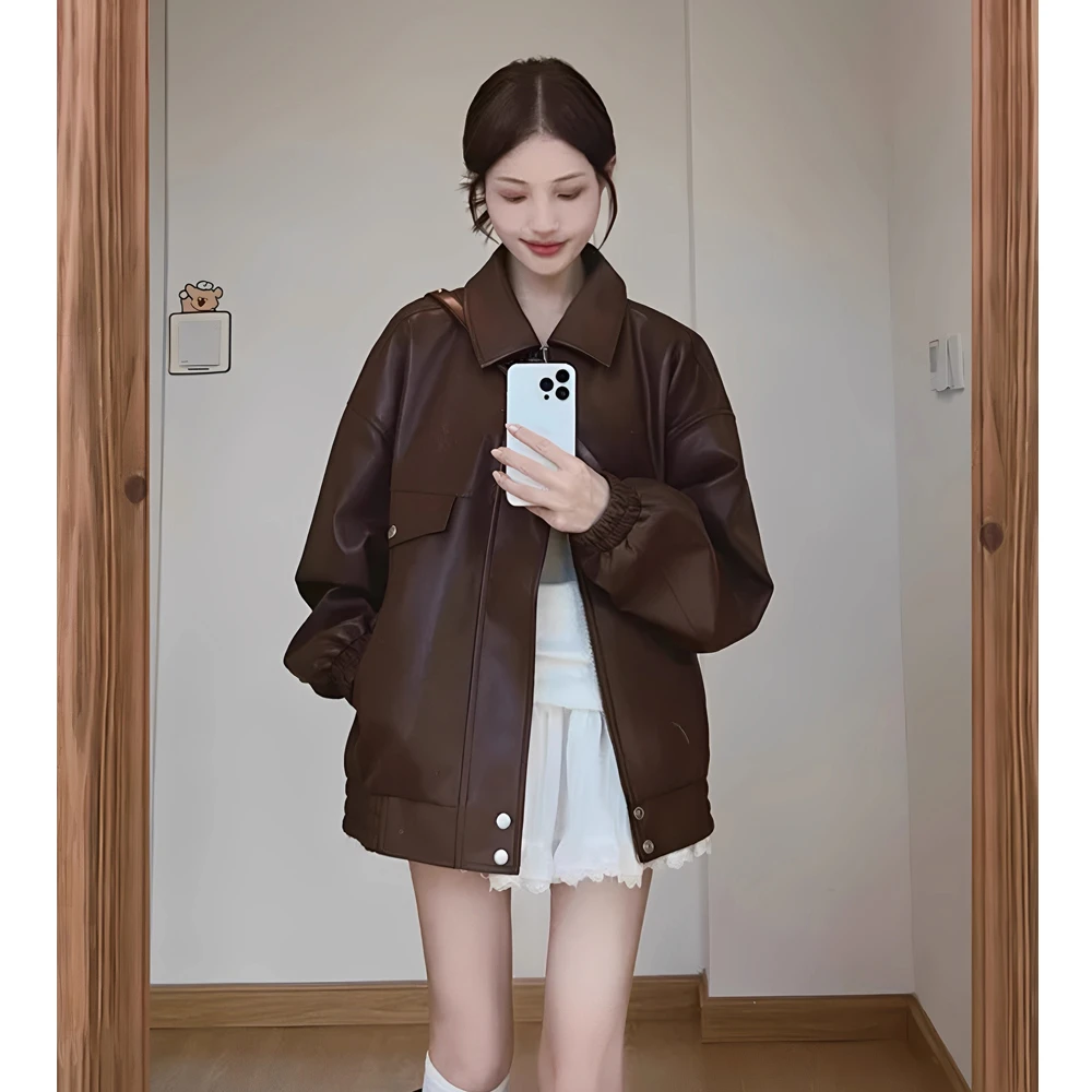 2025早秋棕色皮衣外套女港风复古高级感美拉德宽松机车皮夹克衫
