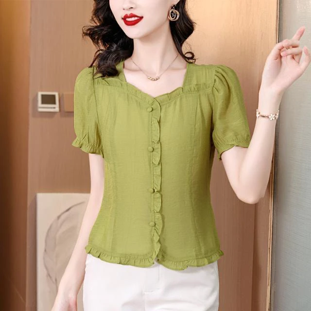 夏季新款棉麻衬衫韩版洋气妈妈小衫短袖气质设计感木耳边百搭上衣