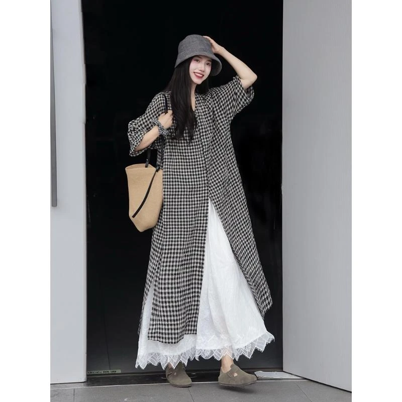 撞色格子衬衫气质女夏季新款叠穿复古文艺松弛感小众别致长裙潮
