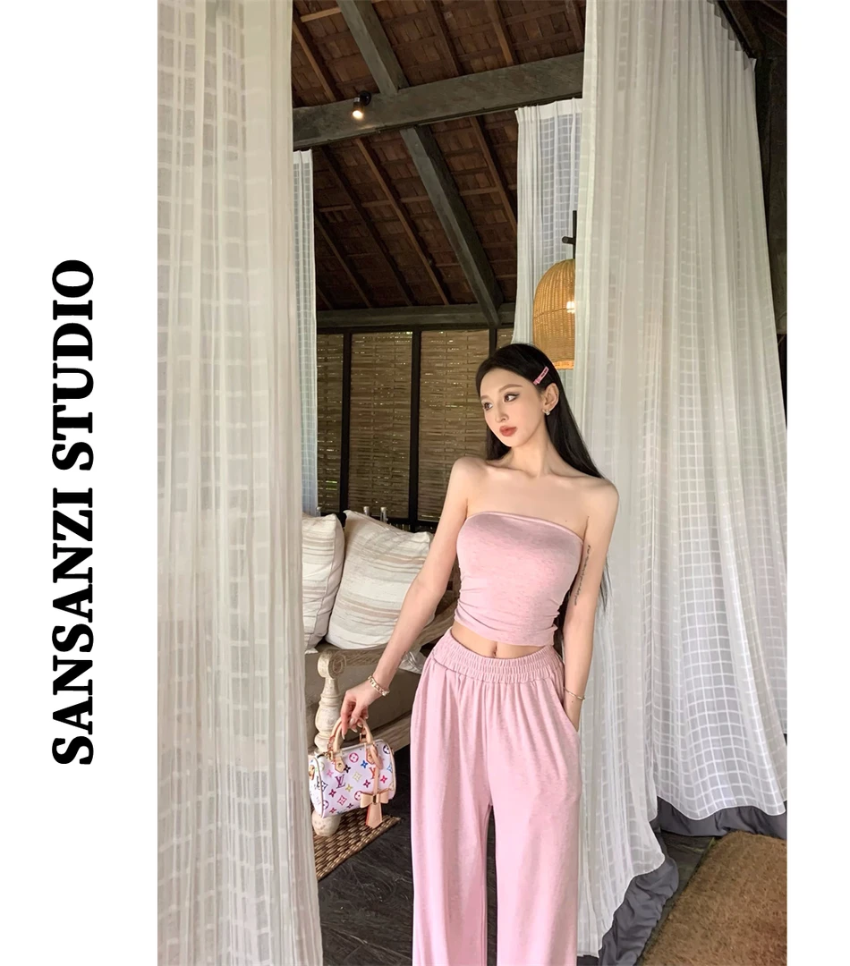 SANSANZI时尚套装短款收腰抹胸背心女夏季松紧腰休闲裤长裤两件套