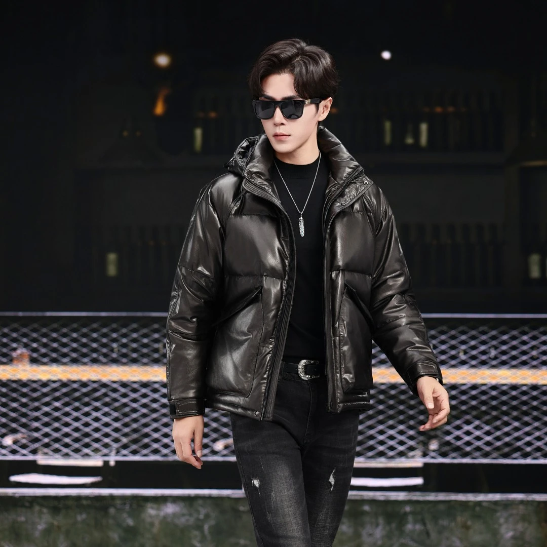 VM6816海宁头层胎牛皮男士真皮衣羽绒服短款可脱卸帽保暖秋冬外套