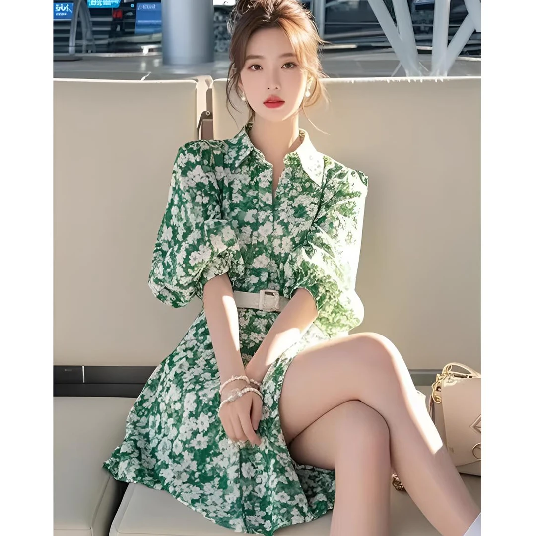 2025春季韩系减龄洋气绿色碎花长袖衬衫连衣裙女多巴胺绝美小裙子