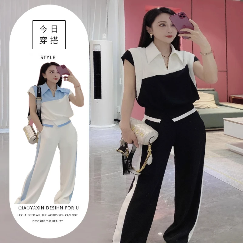 休闲运动服套装女2025夏季新款爆款拼接短袖阔腿裤两件套洋气时髦