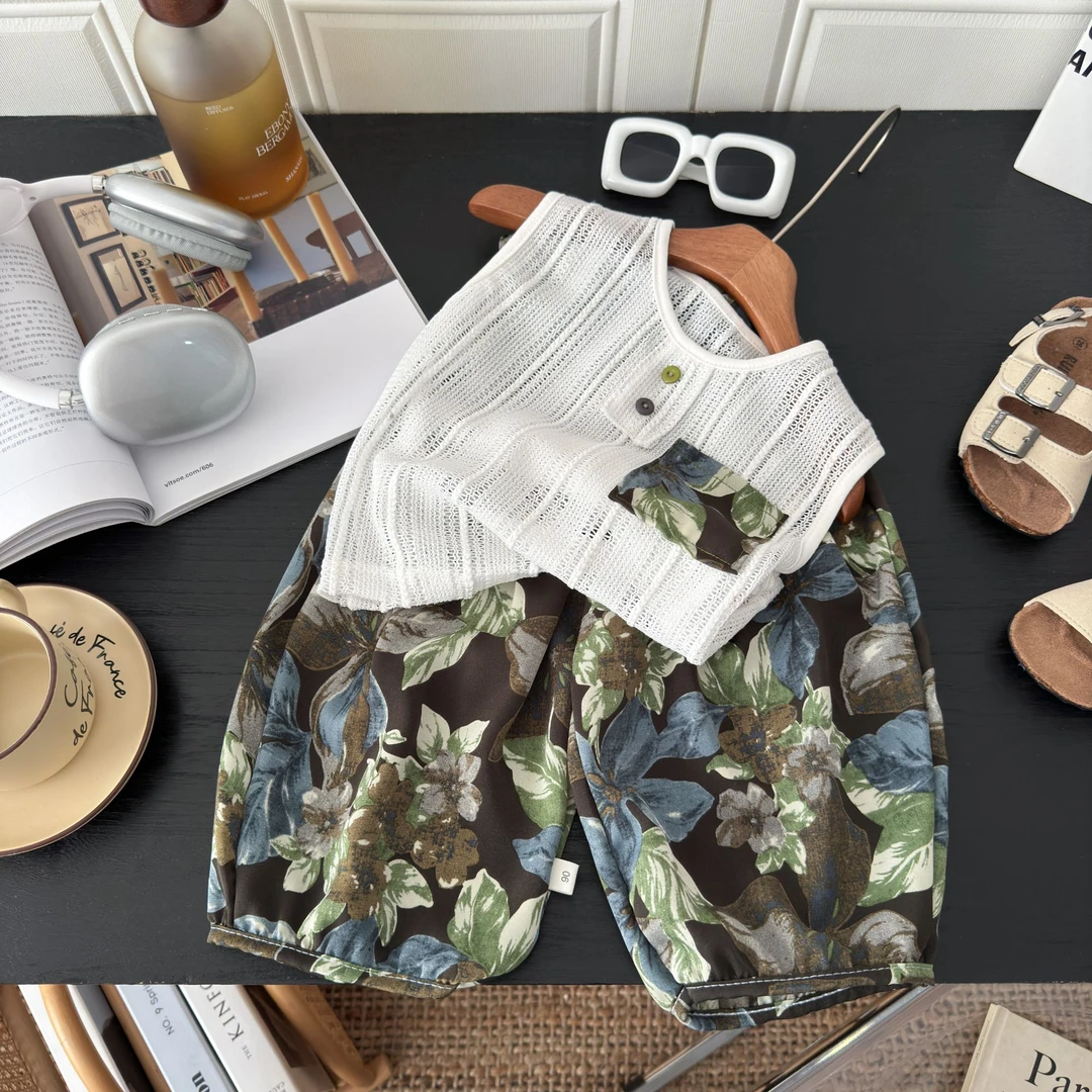 【度假风套装】男童夏季套装2025新款儿童时尚透气背心宝宝无袖穿搭