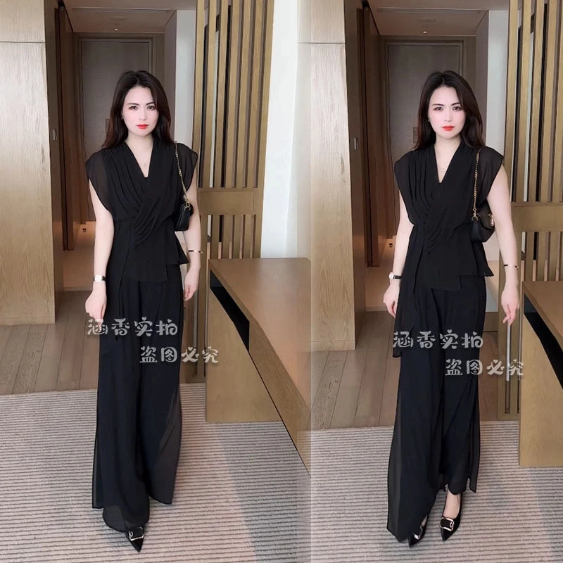 2025夏季新款短袖显瘦气质高腰黑色洋气套装女修身收腰休闲时尚