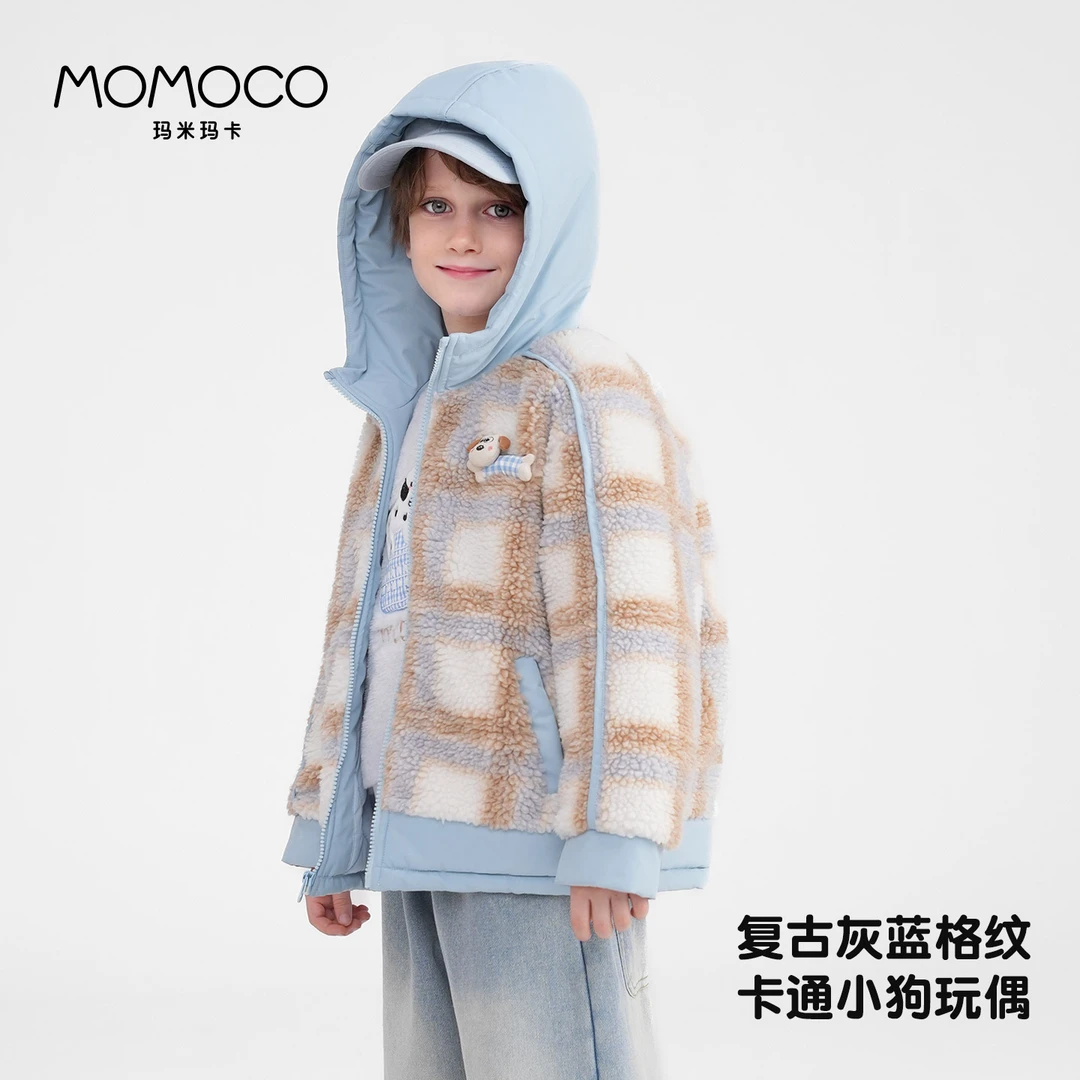 MOMOCO冬季新款儿童时尚可爱小狗格子毛毛外套77430123005