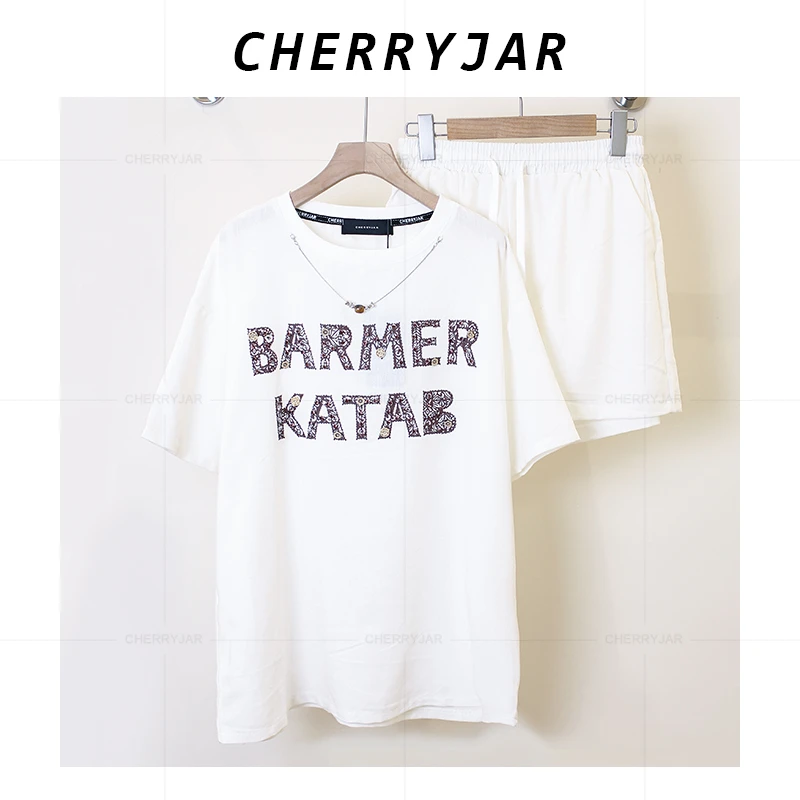 Cherryjar【251358】新款重工百搭休闲短袖短裤套装