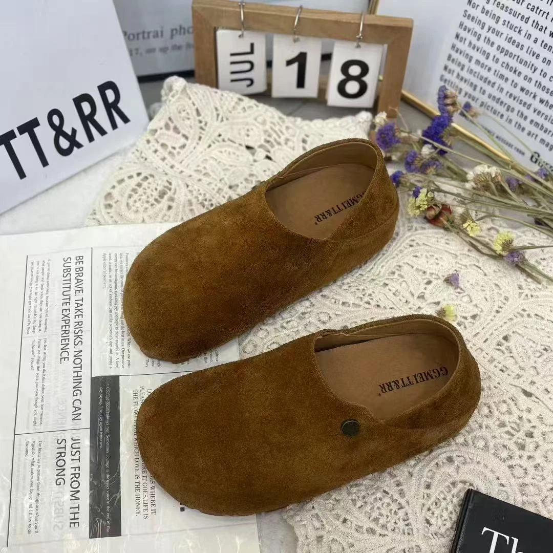 2025秋季新款磨砂真皮休闲平底豆豆鞋女鞋舒适百搭两穿懒人勃肯鞋