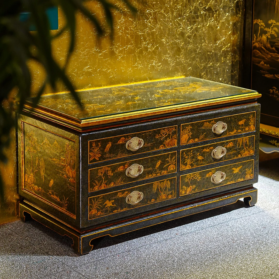 【本尼家】YS169法式中国风黑布裂纹底手绘山水图玄关柜110*55*62cm