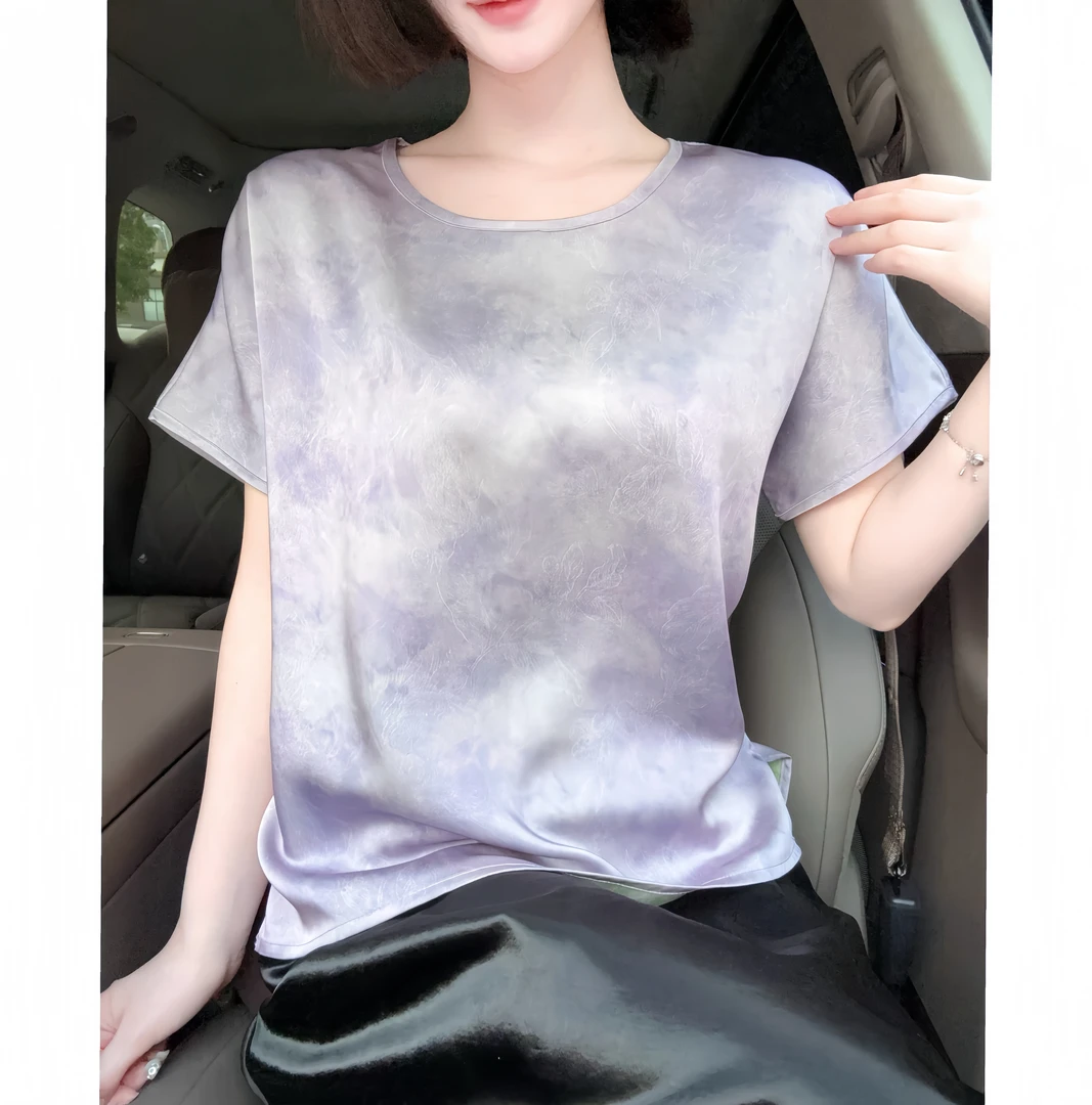 【紫萱】新中式短袖小衫丝滑舒适女百搭透气提花显瘦紫色T恤圆领