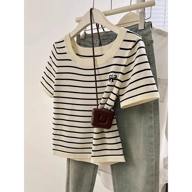 韩版条纹刺绣蝴蝶结短袖针织衫T恤女夏新款时尚减龄小众百搭上衣