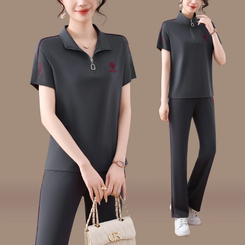 恩狐时尚休闲运动套装女夏季新款洋气立领显瘦短袖直筒裤两件套