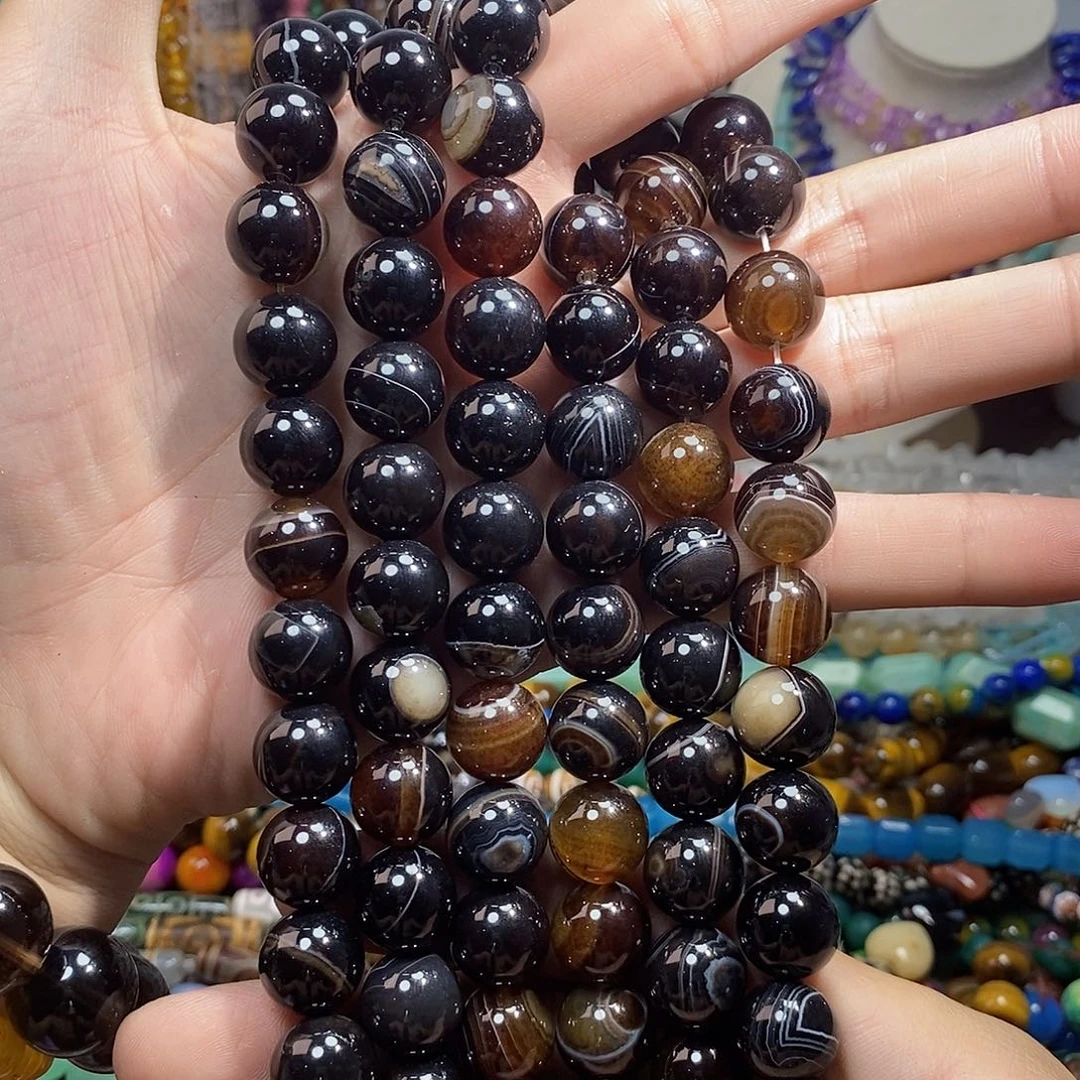 石英质玉未镶嵌，咖色缠丝玛瑙14mm，