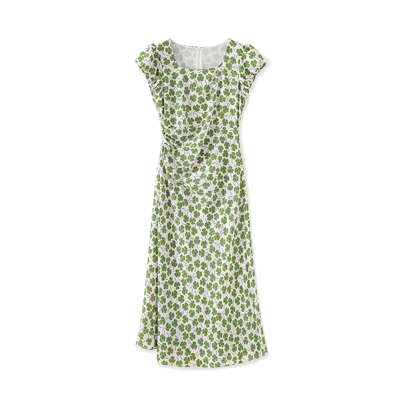 方领泡泡袖修身双绉显瘦仙女裙度假裙肩印花青春感满满减龄连衣裙