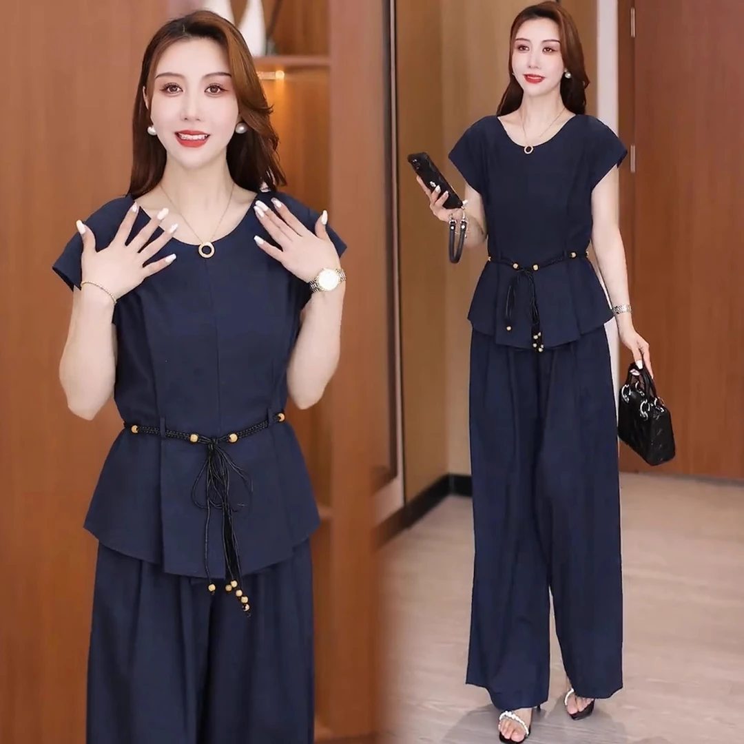 时尚洋气套装女2025夏季新款显瘦飞飞袖上衣显瘦阔腿裤休闲两件套