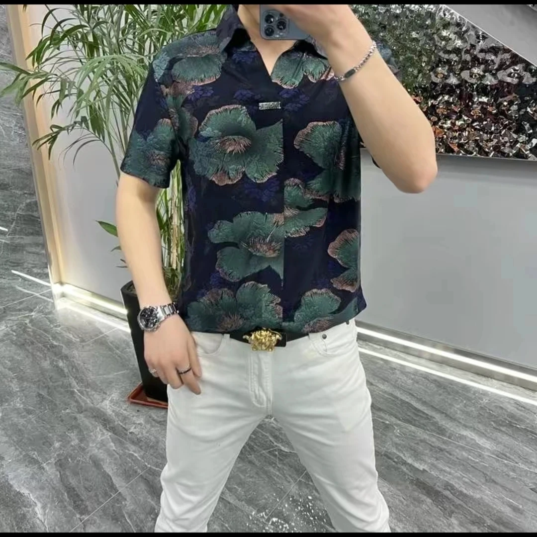 777099短袖衬衫男装Polo衫夏季修身薄款印花时尚冰丝T恤