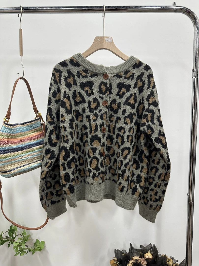 「KEKE」豹纹针织开衫#009秋冬新款宽松休闲毛衣外套时尚百搭